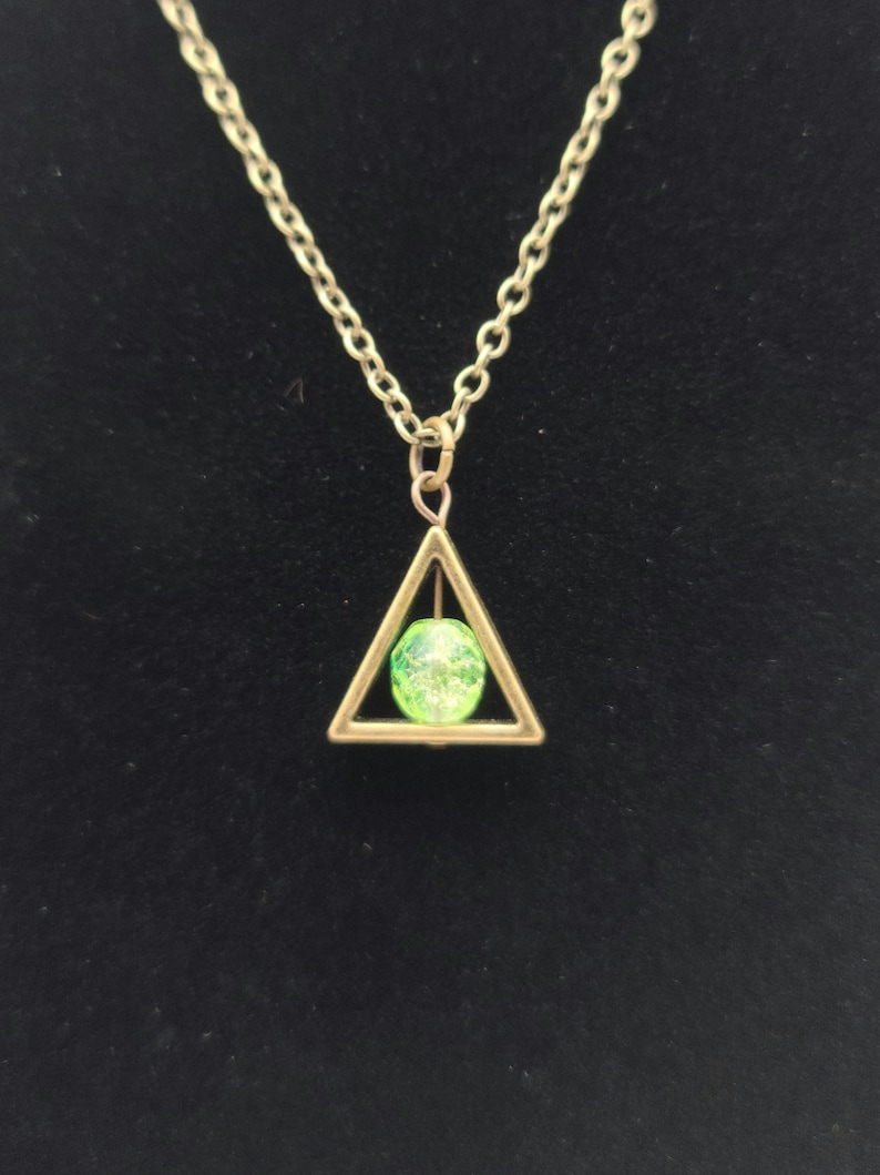 Triangle uranium glass pendant necklace, vaseline glass jewelry, steampunk gift for friend, uranium glass collector jewelry, alchemy symbol image 3
