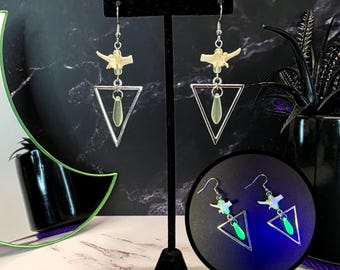 Triangle rattlesnake vertebrae and uranium glass dangle earrings, real animal bone oddity jewelry, blacklight UV reactive accessories