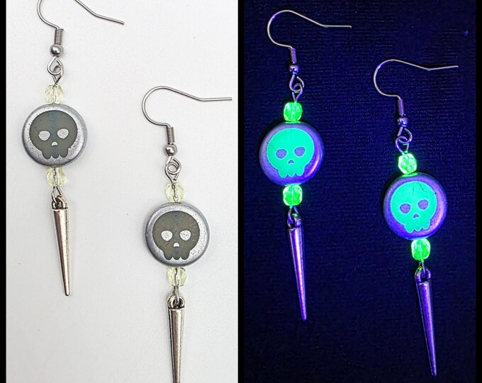 Glowing skull uranium glass earrings