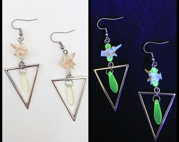 Triangle rattlesnake vertebrae and uranium glass earrings