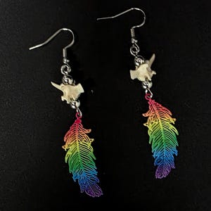 Rainbow feather snake bone earrings, real bone jewelry, snake vertebrae accessories, dark cottagecore, vulture culture earrings