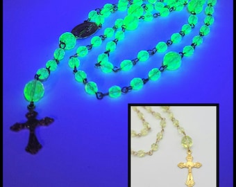 Gold uranium glass rosary necklace, unique rosary gift, vaseline glass jewelry, blacklight jewelry, uv reactive, religious oddities