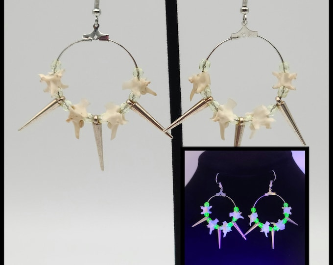 Snake vertebrae and uranium glass spike hoop earrings