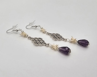 Purple glass teardrop snake bone earrings, real bone jewelry, snake vertebrae accessories, dark cottagecore, vulture culture earrings