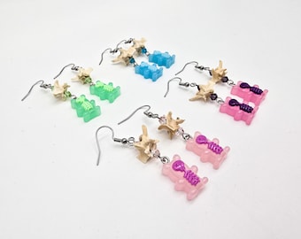 Skeleton gummy bear and snake bone earrings, real bone jewelry, snake vertebrae accessories, pastel goth, vulture culture earrings
