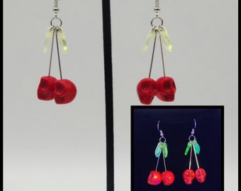 Skull cherry uranium glass earrings
