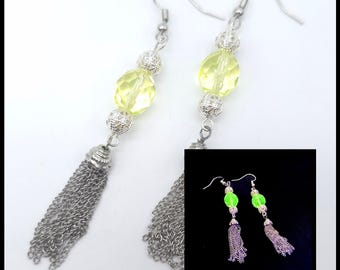 Silver tassel uranium glass earrings, vintage vaseline glass style jewelry, depression glass, blacklight party jewelry