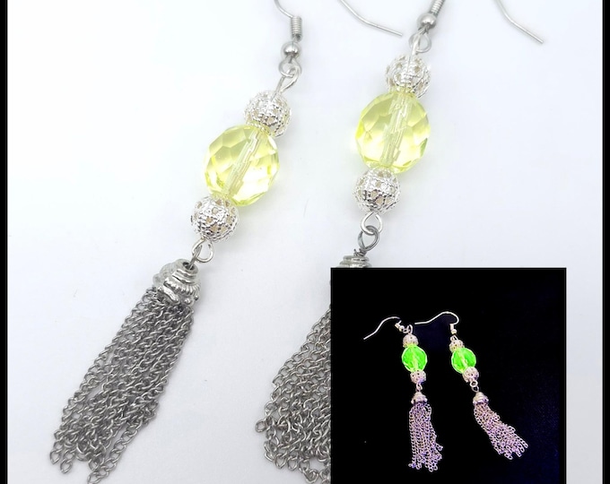 Silver tassel uranium glass earrings