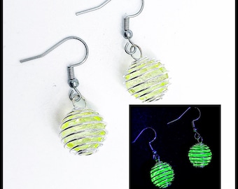 Bead cage uranium glass earrings, vintage glass jewelry, vaseline glass beads, steampunk gift for friend