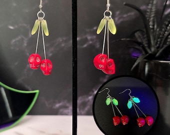 Skull cherry uranium glass earrings