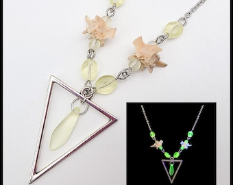 Triangle rattlesnake bone and uranium glass necklace
