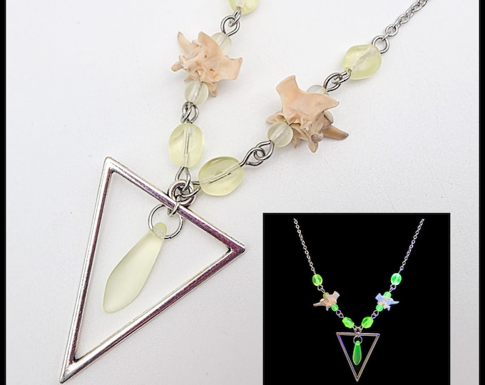 Triangle rattlesnake bone and uranium glass necklace