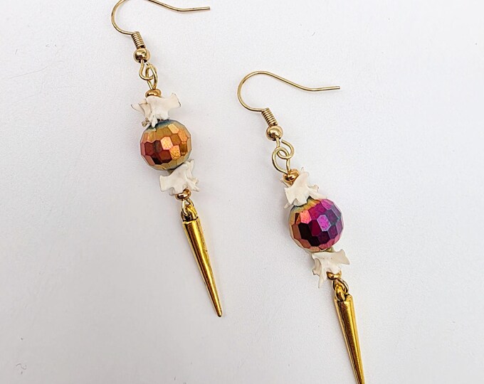Gold and rainbow rattlesnake vertebrae spike earrings