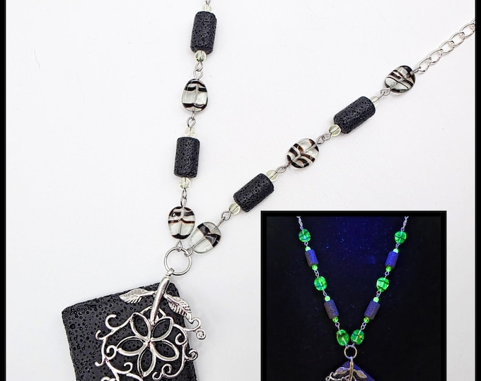 Square lava rock and uranium glass necklace