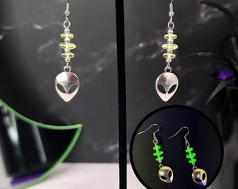 Alien uranium glass earrings, UFO outer space jewelry, uv blacklight party accessories, hypoallergenic plug friendly earrings