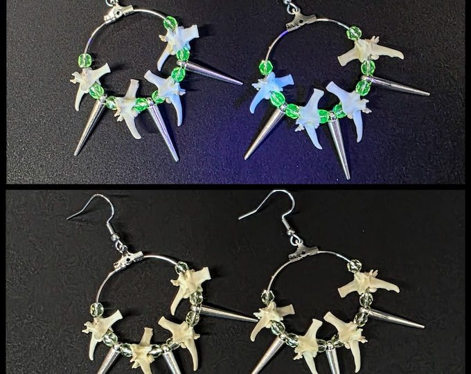 Snake vertebrae and uranium glass spike hoop earrings