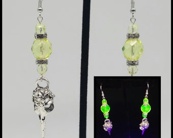 Bird skull uranium glass earrings, raven, crow earrings, vaseline depression glass jewelry, blacklight glow jewelry, uv party accessories