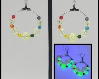 Rainbow uranium glass Pride earrings, LGBTQ pride jewelry, rainbow jewelry, gay pride, blacklight glow uv party accessories