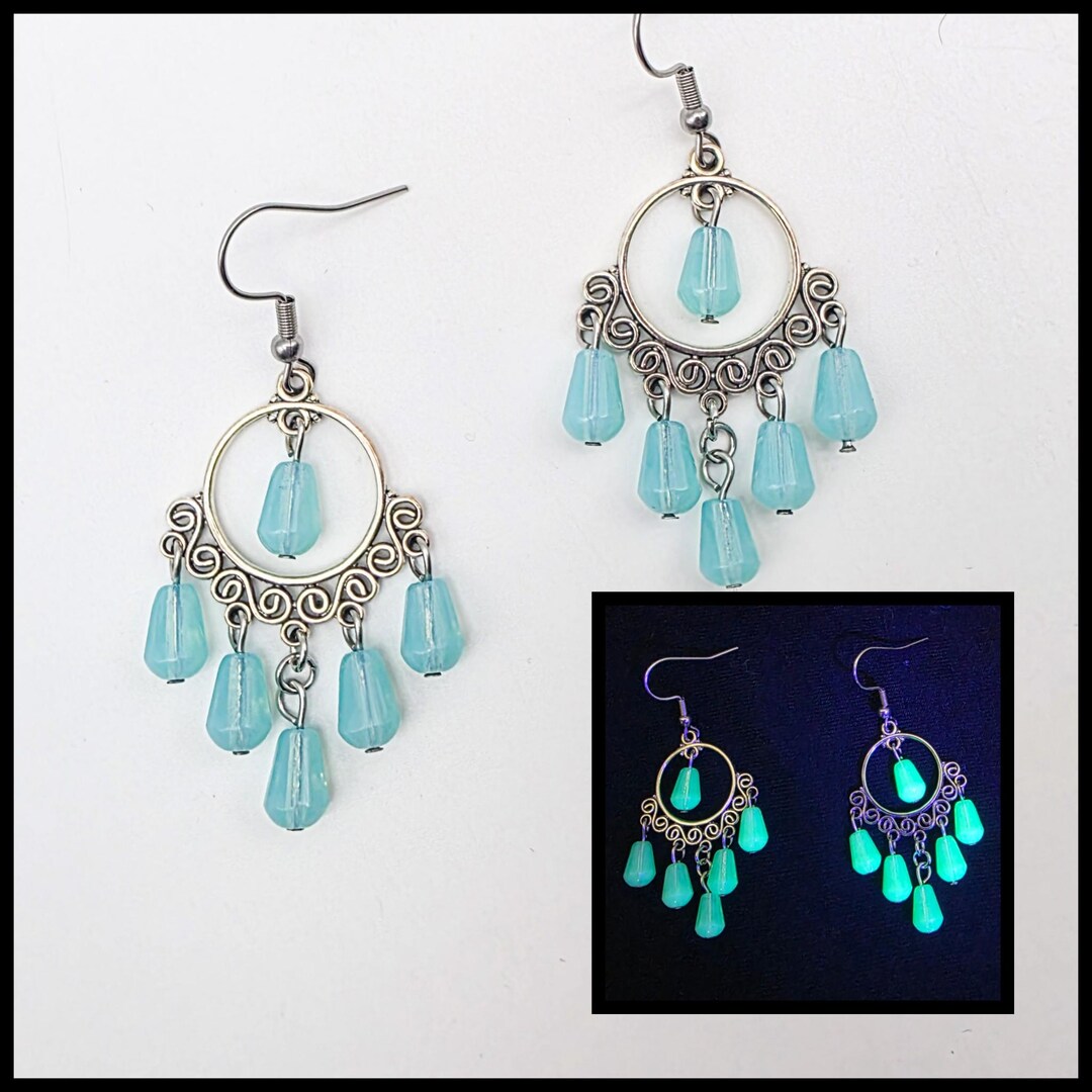 Blue Uranium Glass Chandelier Earrings, Blacklight Uv Reactive Party ...