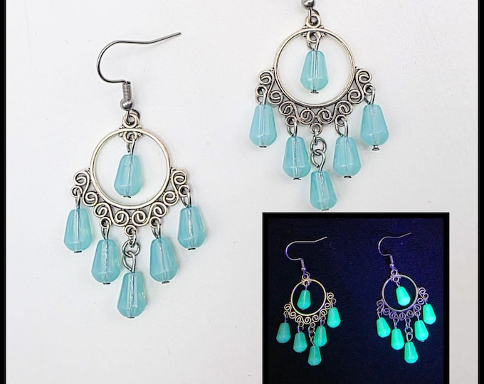 Blue uranium glass chandelier earrings