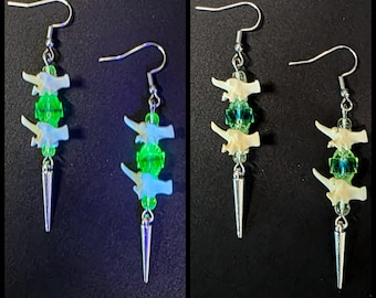 Blue green uranium glass and snake vertebrae bone earrings, vaseline glass jewelry, UV beads, blacklight jewelry, oddity earrings, real bone