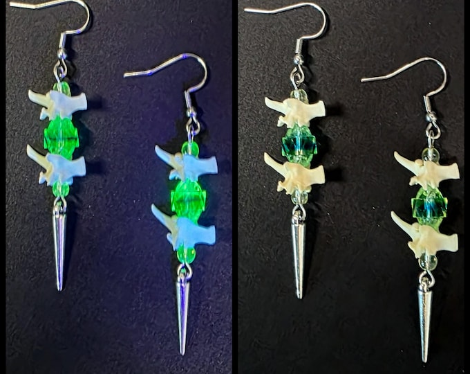 Blue green uranium glass, snake vertebrae, and spike earrings