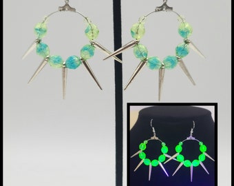 Uranium glass spike and hoop earrings, vaseline glass jewelry, UV beads, blue crackle glass jewelry, blacklight jewelry, spike hoop earrings