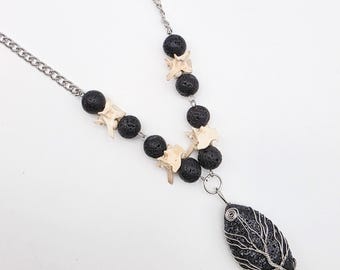 Wire wrapped lava rock tree and snake bone necklace, real bone jewelry, rattlesnake vertebrae, dark cottagecore, mens lava rock jewelry