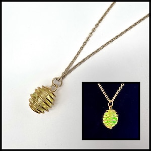 18k gold plated bead cage uranium glass necklace, vaseline glass beads, steampunk gift for friend, UV glow rave party jewelry