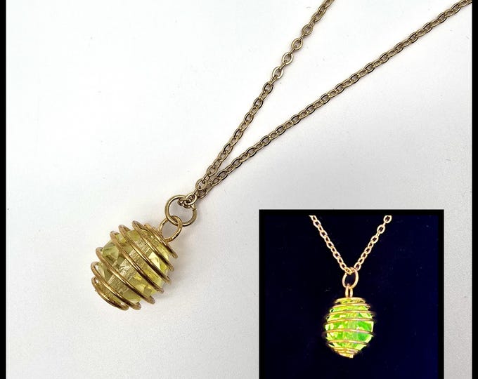 Gold bead cage uranium glass necklace