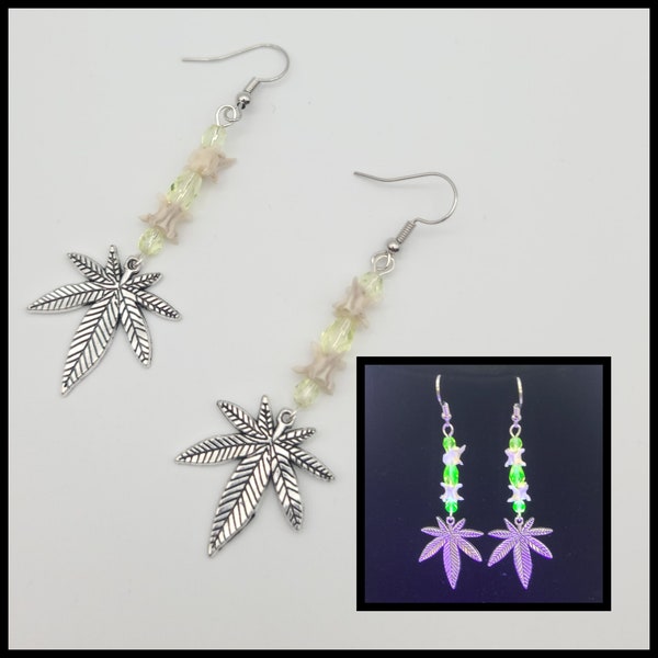 Pot leaf uranium glass and snake vertebrae bone earrings, marijuana jewelry, UV beads, blacklight jewelry, oddity earrings, real bone