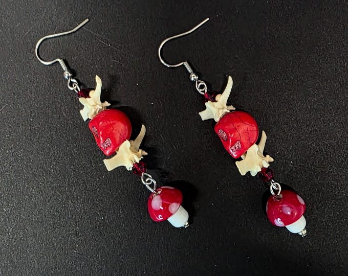 Red skull and mushroom rattlesnake bone earrings