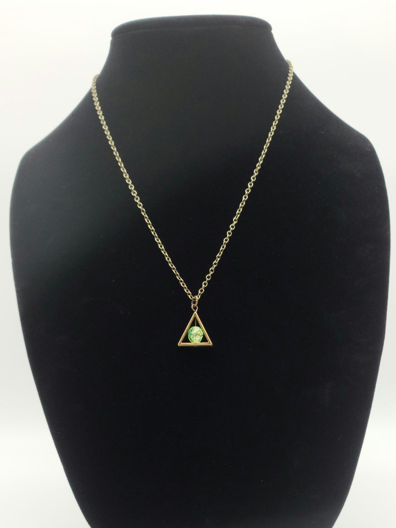 Triangle uranium glass pendant necklace, vaseline glass jewelry, steampunk gift for friend, uranium glass collector jewelry, alchemy symbol image 4