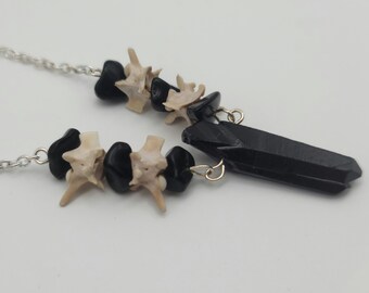 Black quartz crystal and snake vertebrae necklace, bone pendant necklace, black obsidian beads, vulture culture, real animal bone necklace