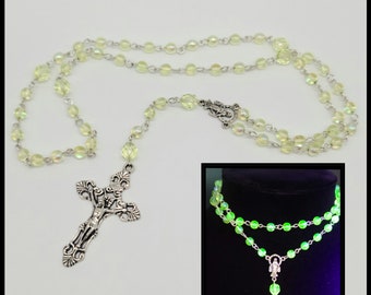 Vaseline glass rosary necklace, unique rosary gift, vaseline glass jewelry, blacklight jewelry, uv reactive accessories
