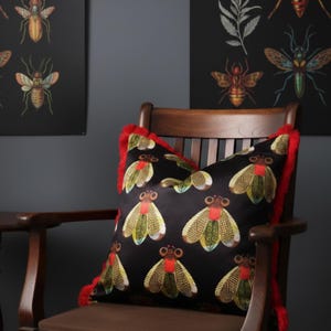 Insect Velvet Cushion: Black Entomology Pillow with Red Fringe