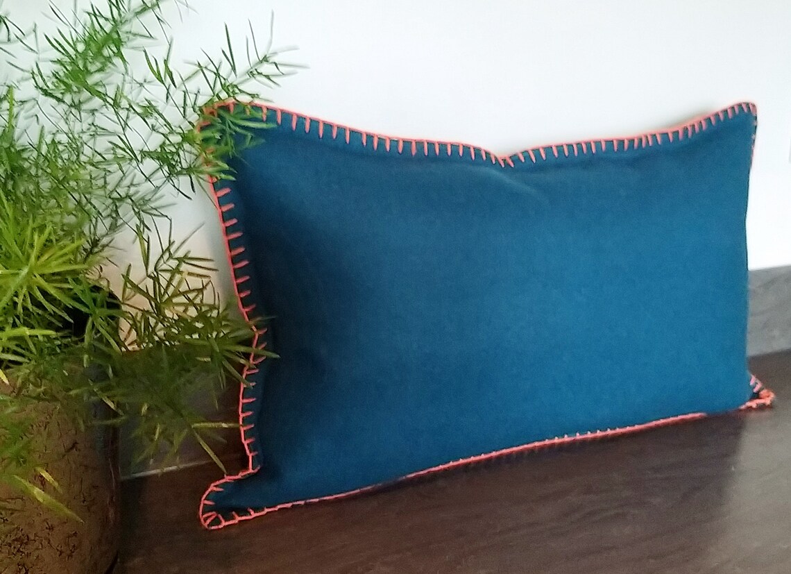 Teal blue cushion cover with couture finished edges/Teal felt Etsy
