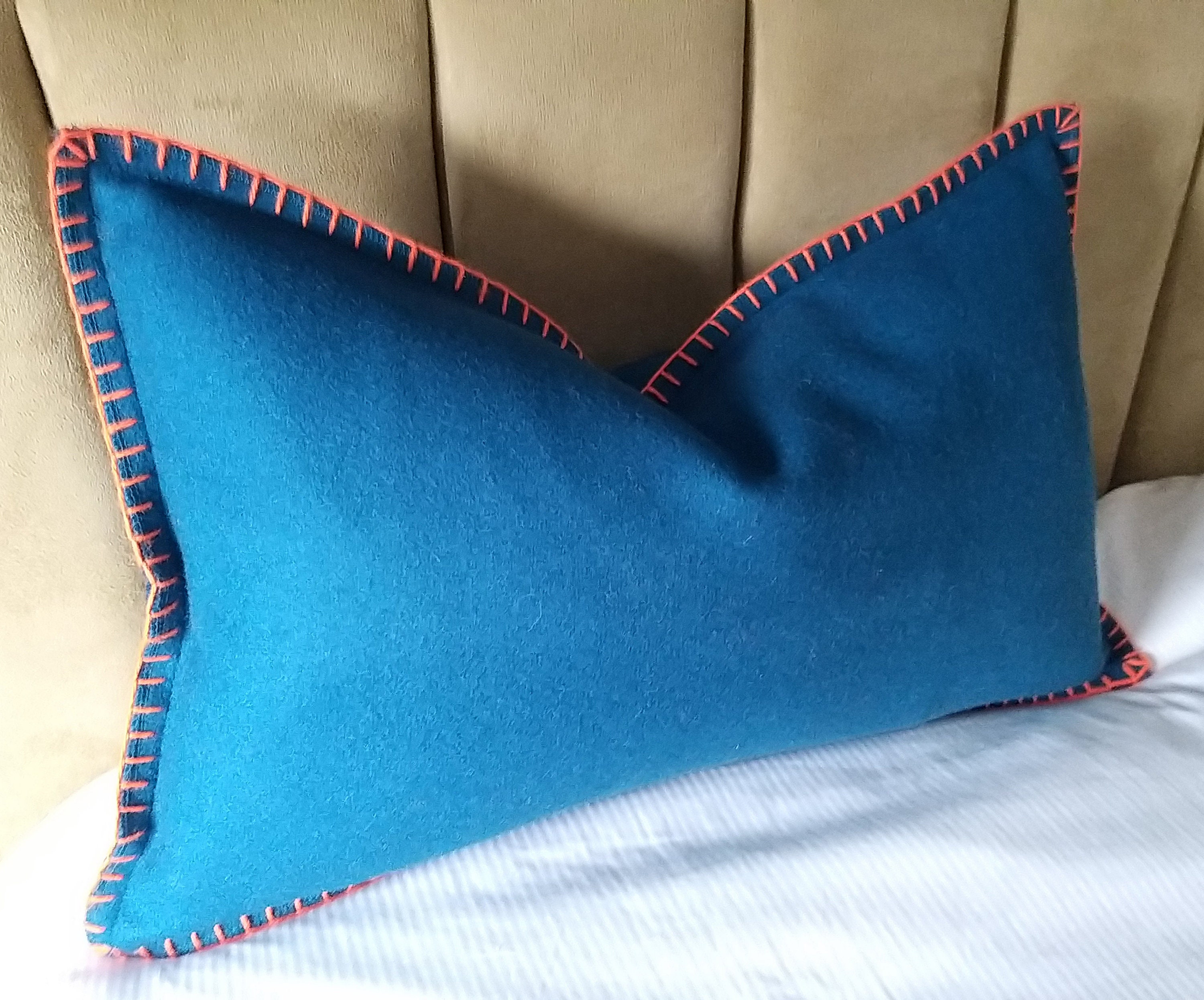 Teal blue cushion cover with couture finished edges/Teal felt Etsy