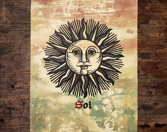 Medieval Sun Woodcut Print