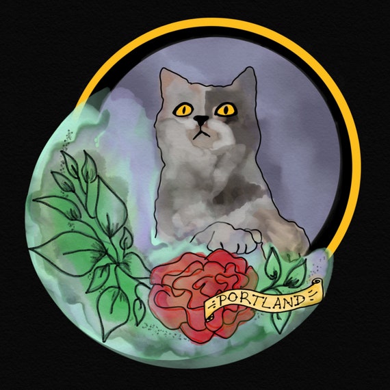 portland rose and moon cat sticker | FREE SHIPPING