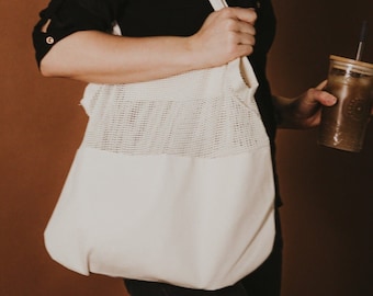 Organic Half Mesh Market Tote with Phone Pocket | Zero Waste Grocery Bag | Tote Bag