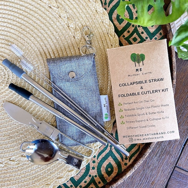 Reusable Stainless Steel Travel Straw + Foldable Cutlery Set | Zero Waste | Plastic Free