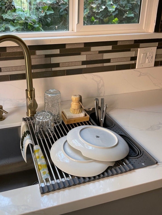 Silicone Over The Sink Dish Rack with Caddy Over & Back