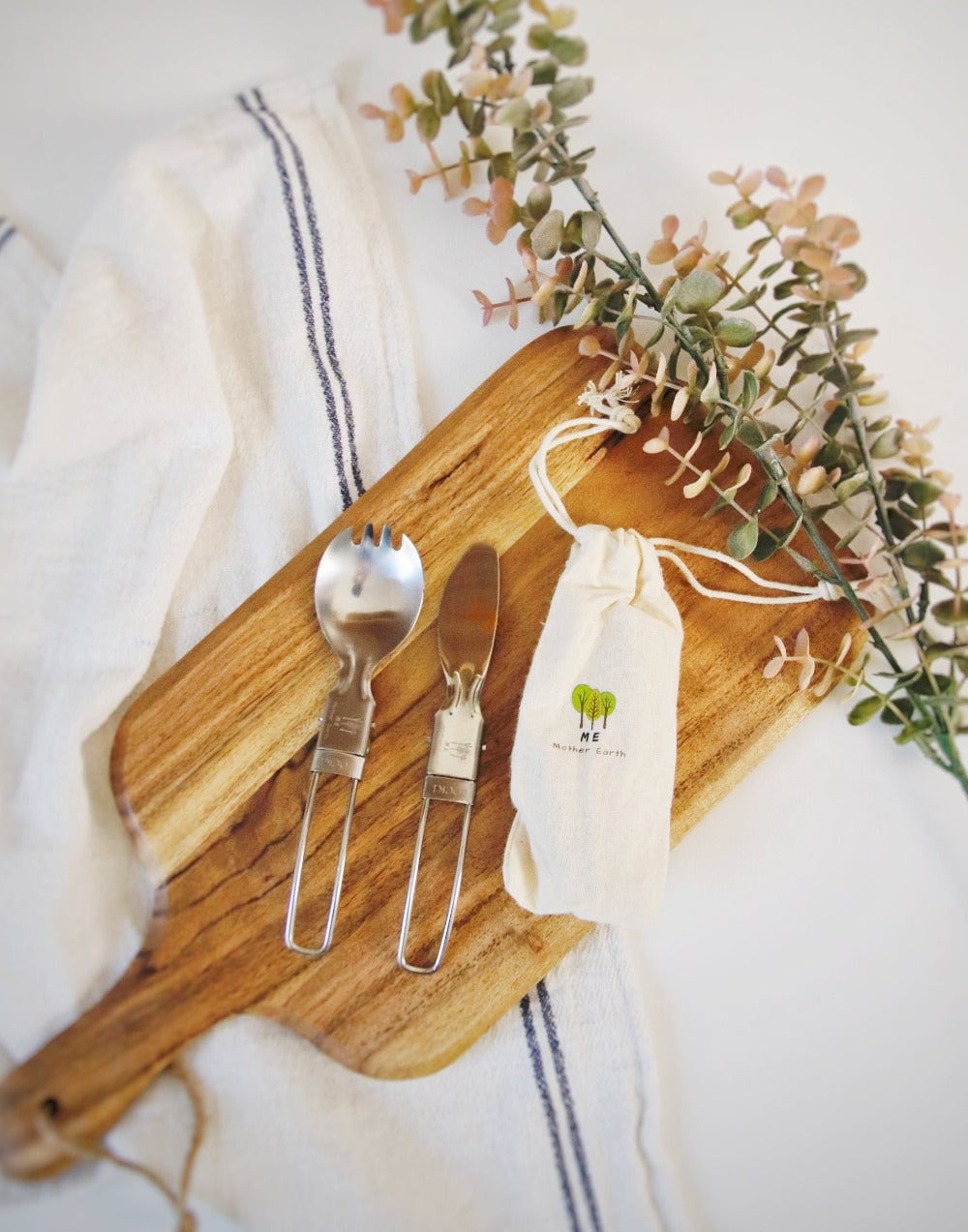2 Pack Stainless Steel Foldable Spork + Knife Cutlery Set with travel pouch | Eco Friendly | Zero Waste | Plastic Free | Camping