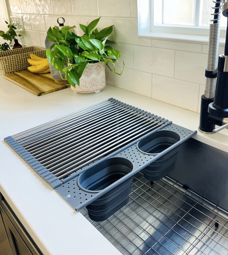 Roll Up Silicone + Stainless Steel Dish Drying Rack - Thumbnail 3