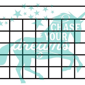 May include: A black and white grid with a unicorn silhouette overlayed on top. The unicorn is light blue and has the text "CHASE YOUR DREAMS" written on it.