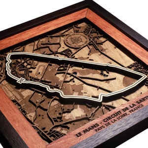 Le Mans Circuit de la Sarthe Formule 1 Grand Prix-racebaan 3D houten cadeau gepersonaliseerde muurkunst