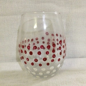 Stemless Wine Glass Red and White Polka Dots