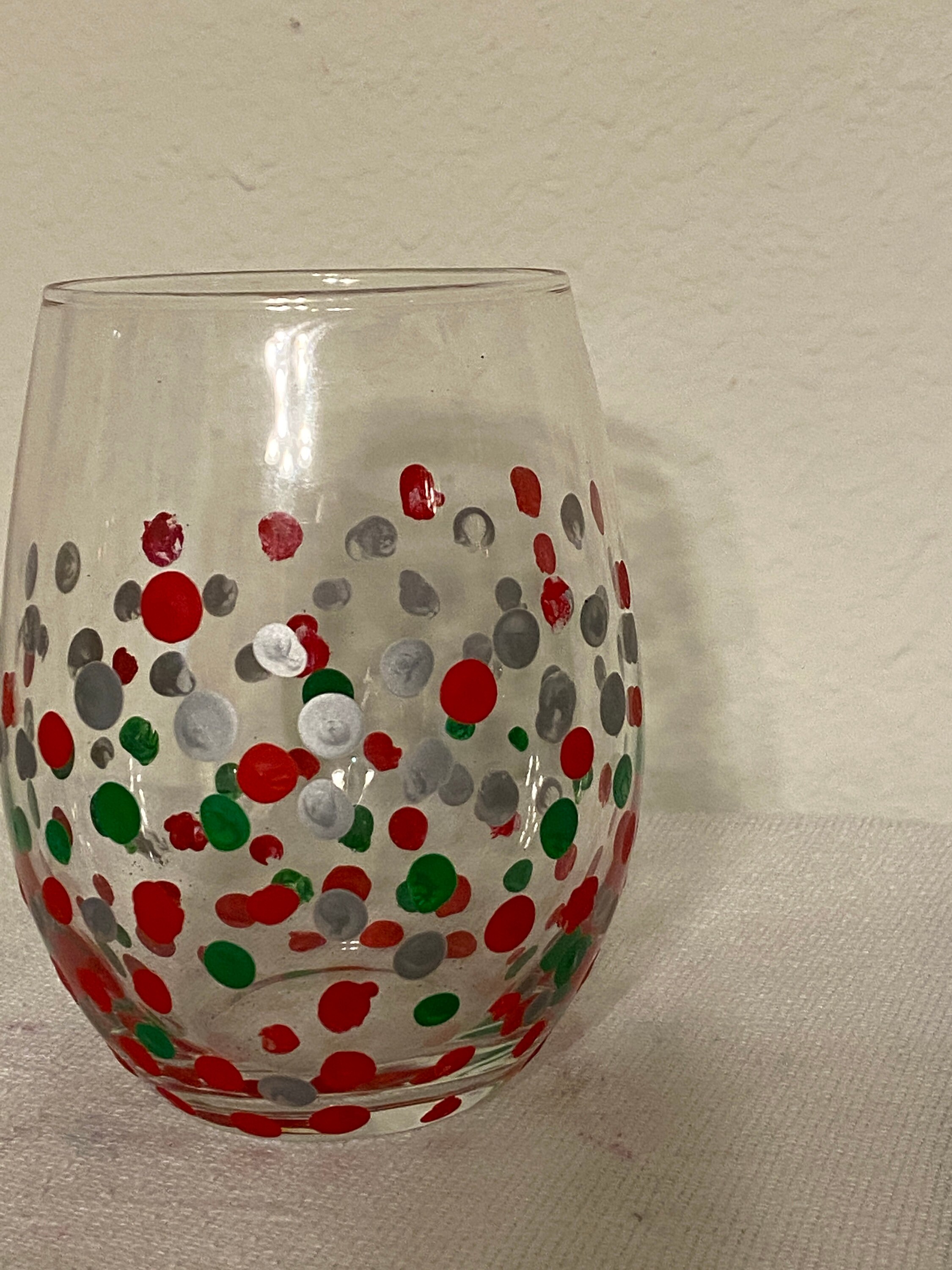 Stemless Wine Glass With Green, Red and Silver Dots - Etsy