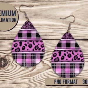 Pink Plaid Leopard Earring Sublimation Design PNG | Tear Drop Earring | Sublimation Earrings Design PNG